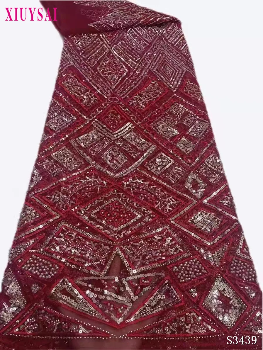 

Французская кружевная ткань с блестками, тюль 2022, высококачественные бордовые бусины ручной работы, новейшие Африканские кружева для сваде...