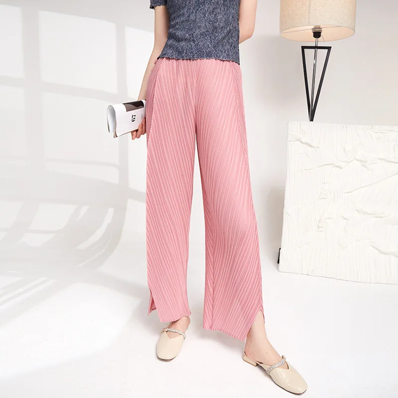 Miyake Pleated Pants Women Summer 2022 New Solid Color Split Stretch Loose High Waist Casual Trousers Full Length