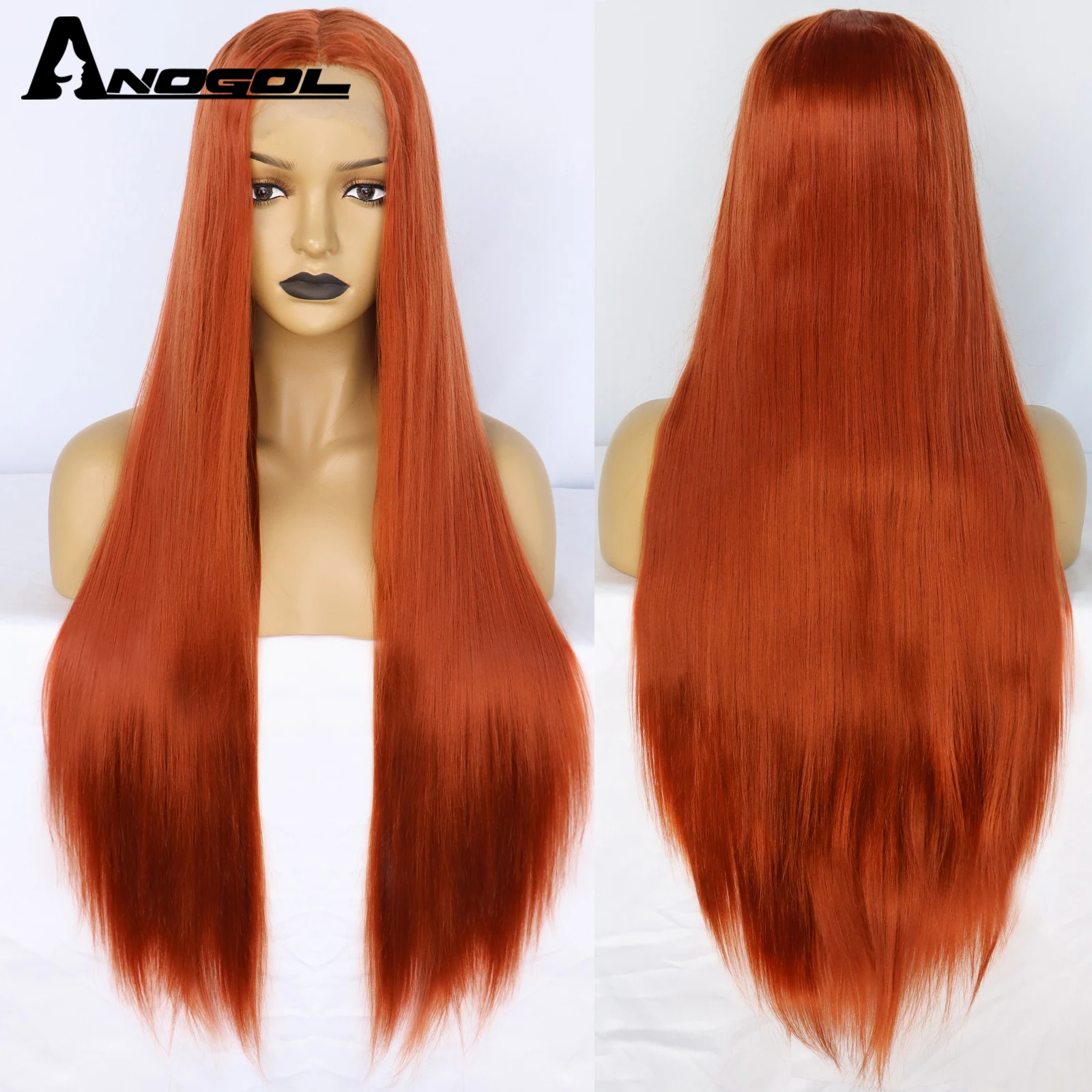 ANOGOL Synthetic 32IN Copper Red Indian Straight Lace Wig Long Natural Orange Hair Middle T Part Lace Wig for Black Women