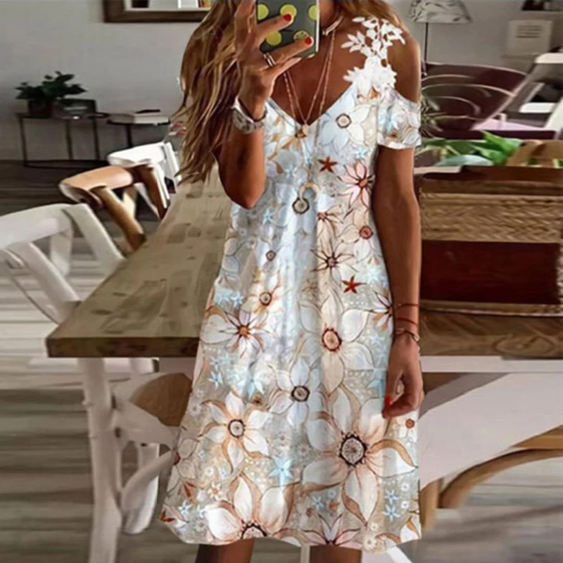 

Verão hollowitt alças de renda vestidos das mulheres fora do ombro boho floral impresso vestido feminino casual praia vestidos