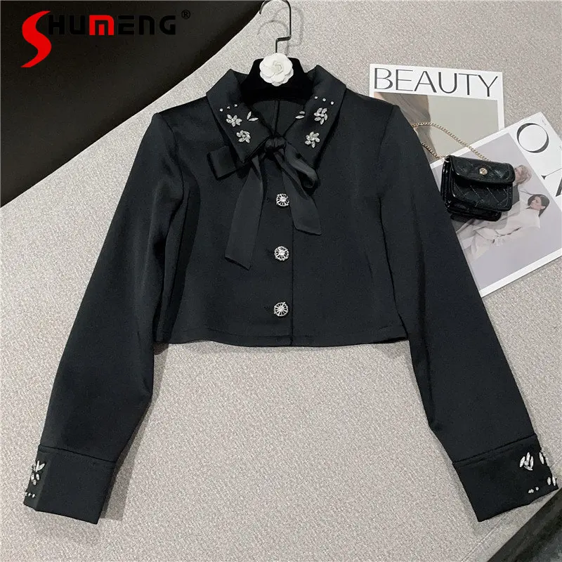 

2023 Spring and Summer French Retro Elegant Handmade Rhinestone Pattern Sweet Bow Satin Chiffon Shirt for Women