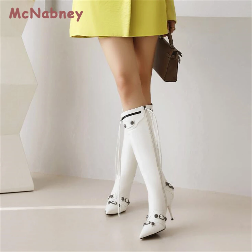 Women New Knee High Boots Slim Tassel Shoes Fashion Sexy Rivet Pointed Toe Stilettos Heels Vintage Metal Buckle Zipper Boots