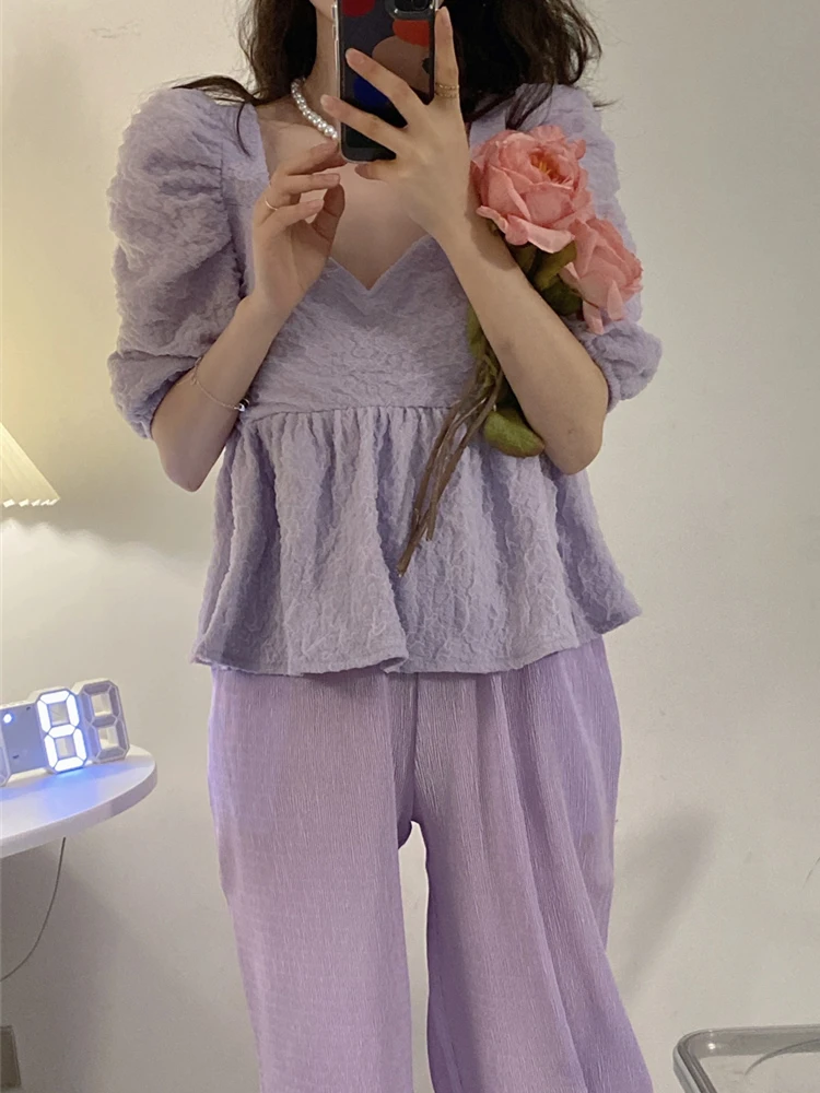 

Женский винтажный костюм из двух предметов, фиолетовая рубашка с квадратным вырезом и пышными рукавами и повседневные брюки в Корейском ст...