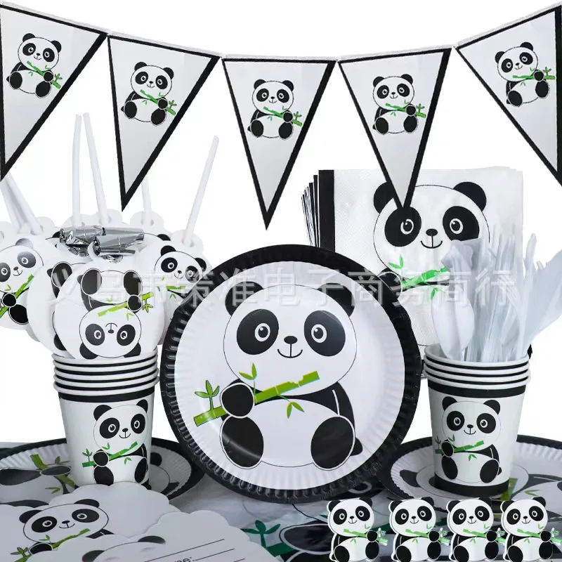 

New white panda birthday party supplies disposable cutlery Paper plates Paper cups Paper towels tablecloth balloons