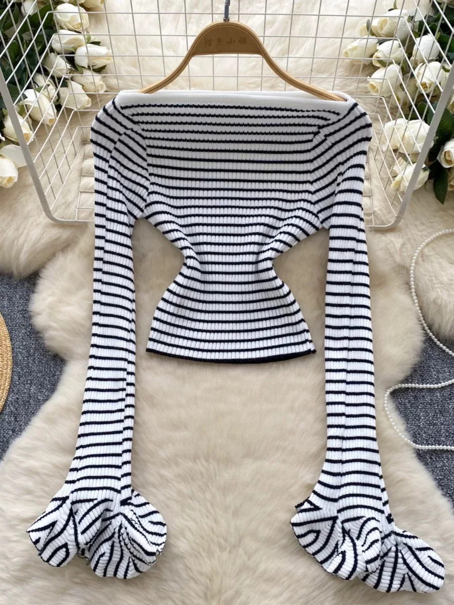 Женская вязаная осенняя блузка топы с разрезом на шее полосатые рубашки