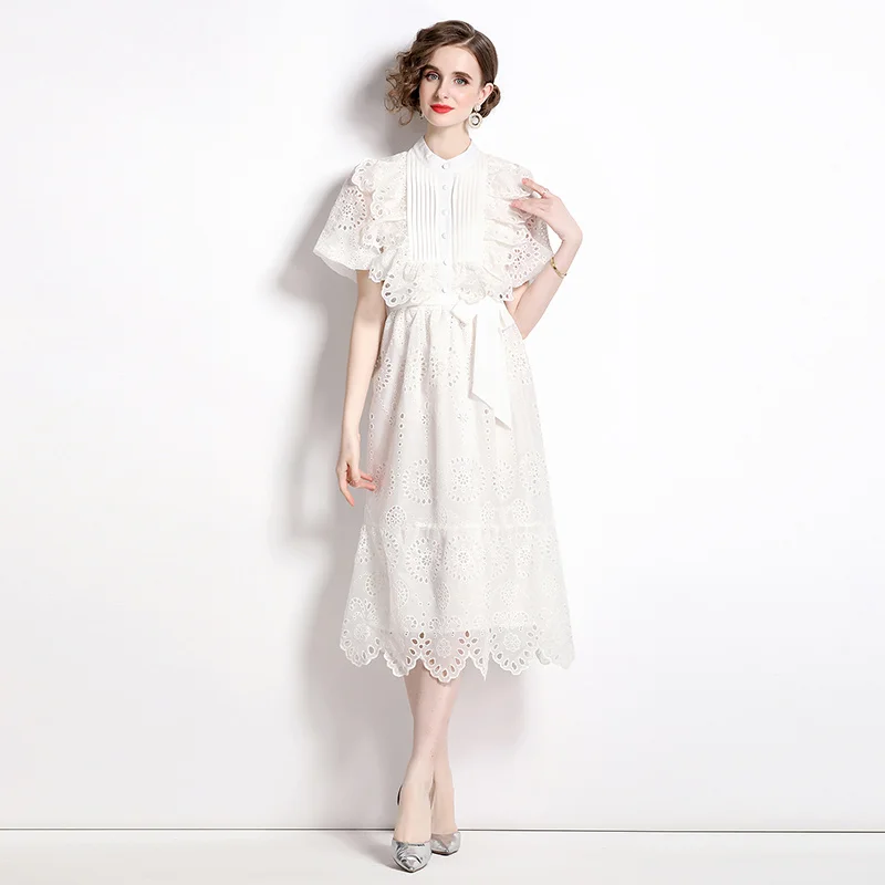 

Женское ажурное платье с вышивкой, Элегантное летнее платье с воротником-стойкой, коротким рукавом-фонариком, оборками и бантом на шнуровке