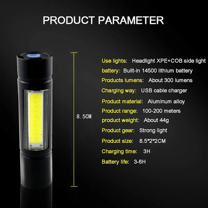 Rechargeable Led Flashlight Super Bright Mini Work Light 3 Modes Waterproof Portable COB Tactical Torch Zoomable Camping Lantern | Лампы и