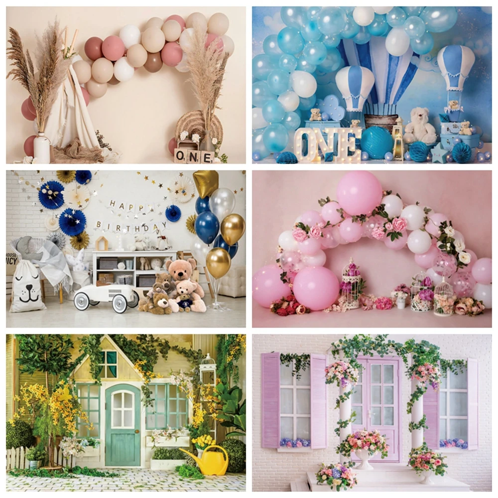 

Newborn Baby 1st Birthday Backdrop Cake Smash Girl Boy Pink Blue Balloon Tent Flower Room Interior Photography Background Props