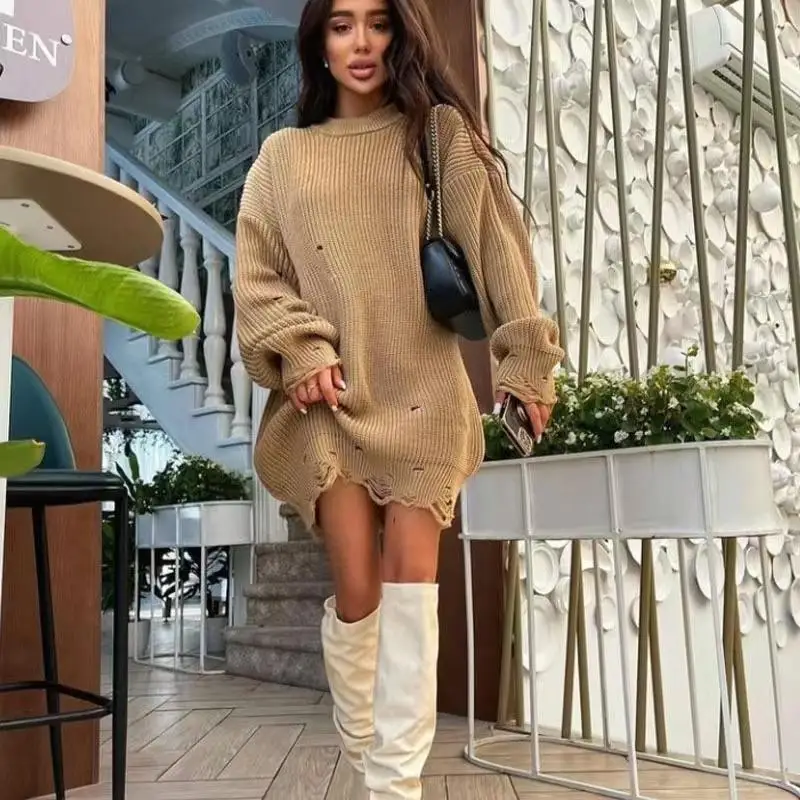 

2022 Autumn Women Knitted Green O-Neck Pullover Oversized Long Sleeve Sweater Tops Casual Party Sexy Club Sweater Dresses