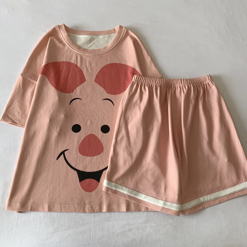 Summer Woman Pajama Set Short Sleeve Tops Japan Anime Piglet Cartoon Nightwear Leisure Wear Home Clothes Ins Pink Girls Pyjama