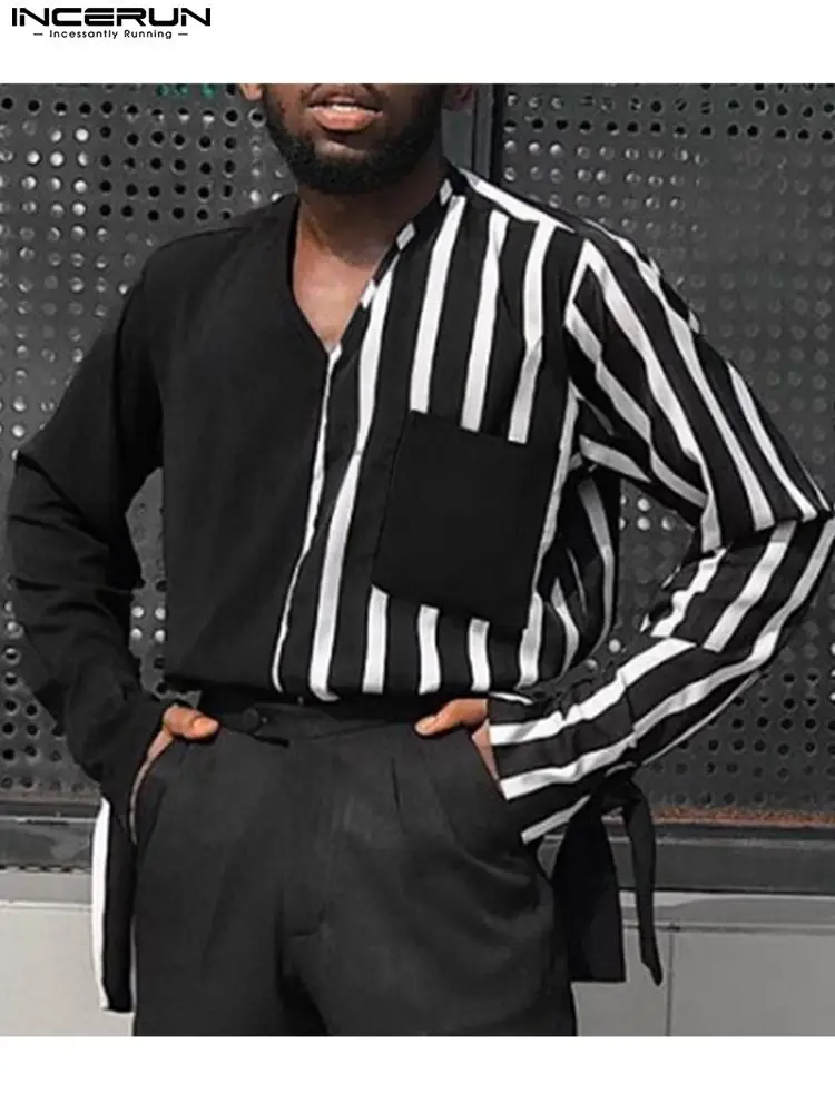 

Handsome Well Fitting New Men Striped Stitching Blouse Stylish Male All-match V-neck Long-sleeved Shirts S-5XL INCERUN Tops 2022