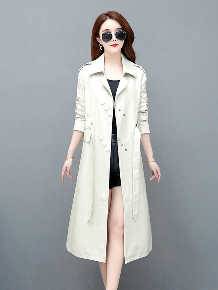 Women SheepSkin Long Trench Coat 2022 Spring Autumn Turn Down Collar Women Clothes Slim Fashion Full Sleeve Leather Belt Trench