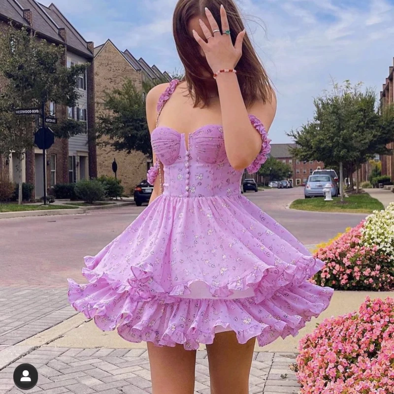 

2023 New Women Lace Suspender Skirt Design Sense One Word Collar Printed Sexy Bag Hip Skirt Kawaii Pink Student Pleated Short