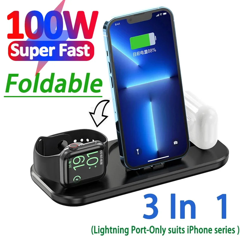 

Беспроводное зарядное устройство 3 в 1, 100 Вт, подставка для iPhone 14 13 12 Apple Watch, складная зарядная док-станция для Airpods Pro iWatch