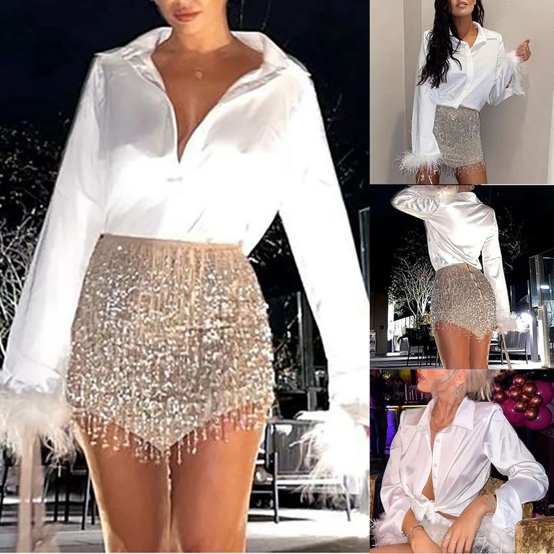 

Women's Autumn Winter New Splicing Solid Color Casual Lapel Button Raw Edge Waist Long-Sleeve Shirt Top T-Shirt