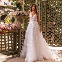 sumnus elegant a line tulle wedding dress lace appliques spaghetti straps sleeveless pleats robe de mariee backless bridal gowns