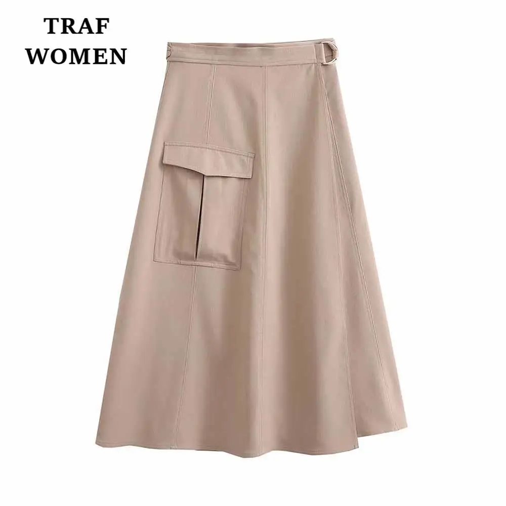 

TRAF WOMEN 2023 Spring New Wrap Towel Style Pocket Decorative Tooling Skirt High Waist Design Female Chic Fashion Skirt Mujer