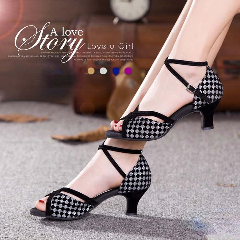 

Women Latin Dance Shoes Modern Tango Ballroom Dancing Shoes Ladies High Heel Soft Sole Fashion Checkered Shoes
