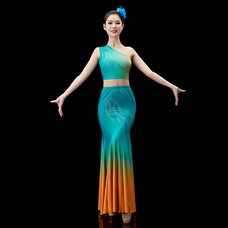 Chinese Ethnic Minority Dai Dance Dress Women Practice Performance Dress Female Dance Dress Peacock Dance Fishtail Dress