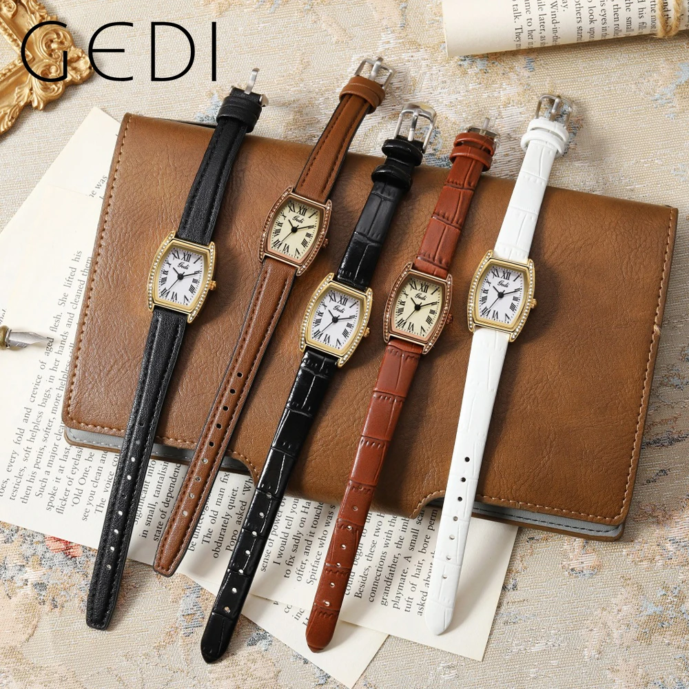 GEDI Fashion Women Watches Leather Strap Retro Roman Dial Waterproof Woman Quartz Wristwatches Casual Dress Ladies Clock 51127