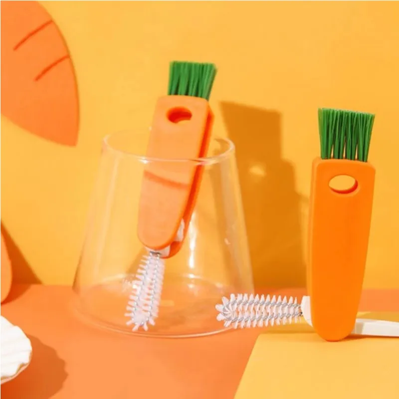 

3 Colors Foldable Bottle Pacifier Cup Mouth Cleaning Brush Creative Three-in-one Multi-function Groove Carrot Cup Lid Brush