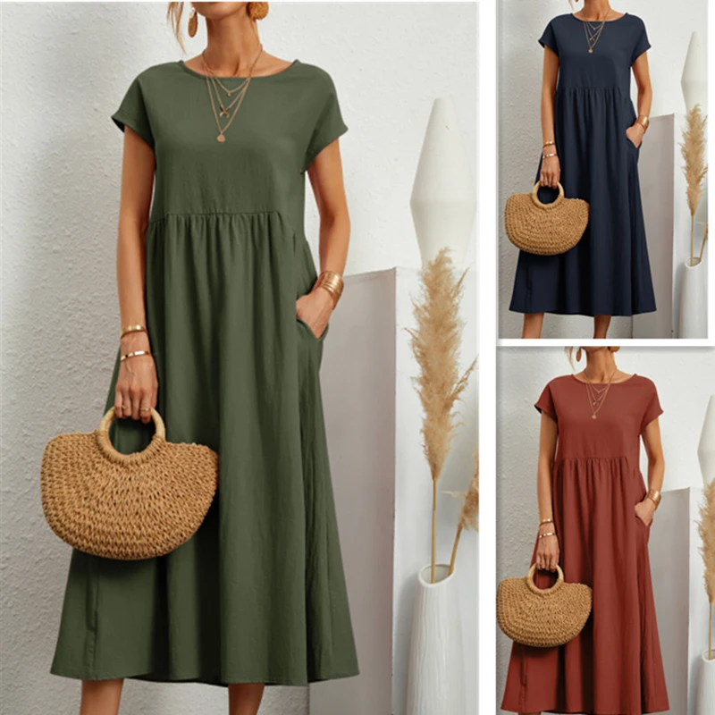 

Elegant Bodycon Sexy Cotton Women's Dress For Women 2022 Summer A-line Short Sleeve Boho Midi Dresses Woman Robe Femme Ladies