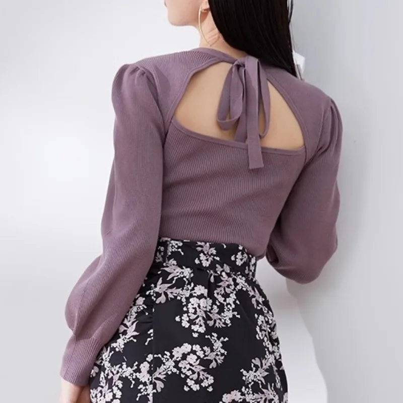 Элегантный пуловер с квадратным воротником на завязках сзади свитер в японском