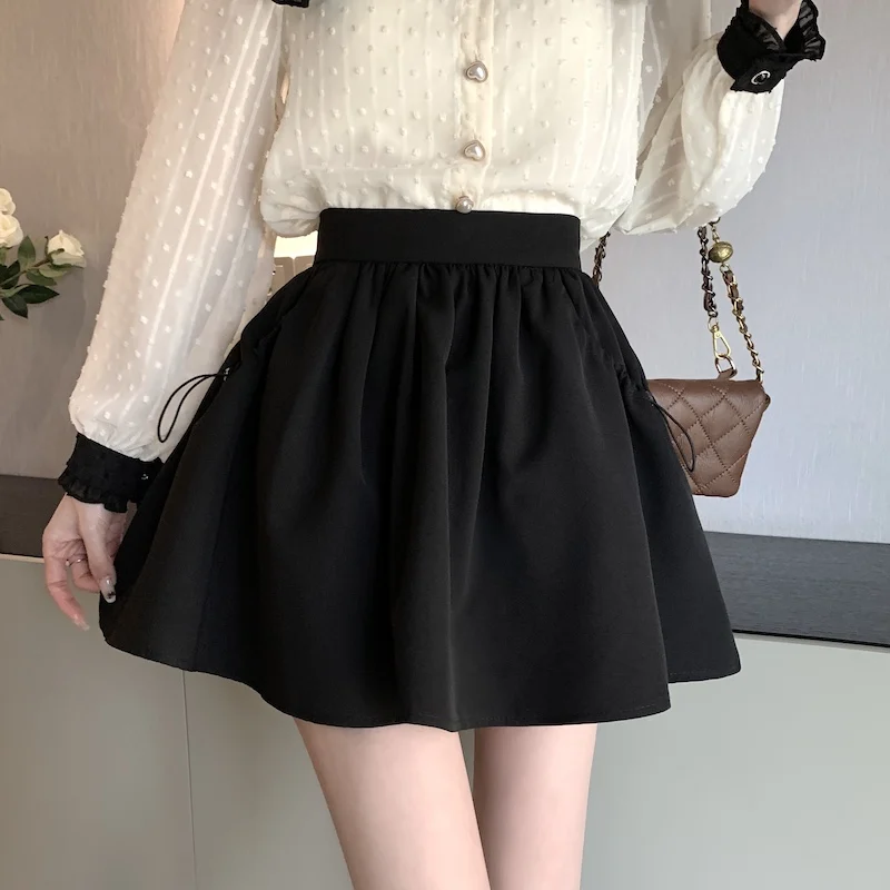 

BETHQUENOY 2022 Spring Summer Clothes Women High Waist Black Mini Skirts Spodnica Damska Side Drawstring Ball Gown Skirt Woman