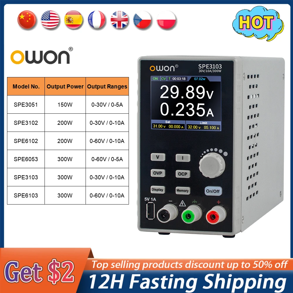 Программируемый источник питания OWON SPE постоянного тока, 300 Вт, 30 В/10 А, 60 В/10 А, ЖК-дисплей 2,8 дюйма, разрешение 10 мВ/1 мА, цифровой регулятор напряжения, переключатель SPE3103