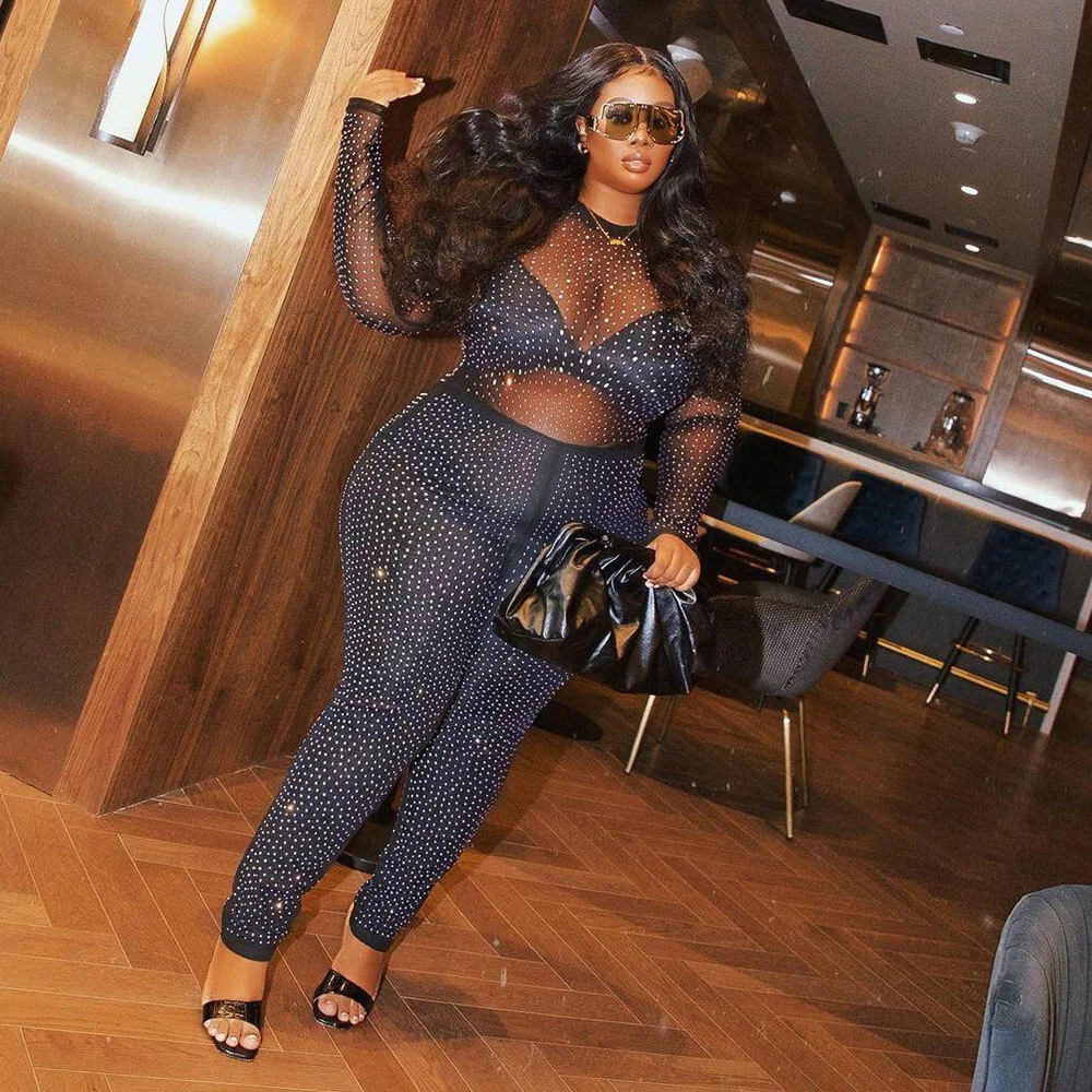 

Plus Size Party Sexy Women's Jumpsuits&rompers Mesh Sequins Elegant Office Lady Fashion Streetwear 2021 Wholesale Dropshopping