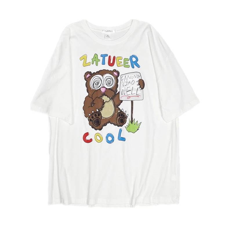 

Summer T-shirt Women Preppy Vintage Harajuku Cartoon Bear Print Tops 100% Cotton Casual Loose Round Neck Short Sleeve Tees Men