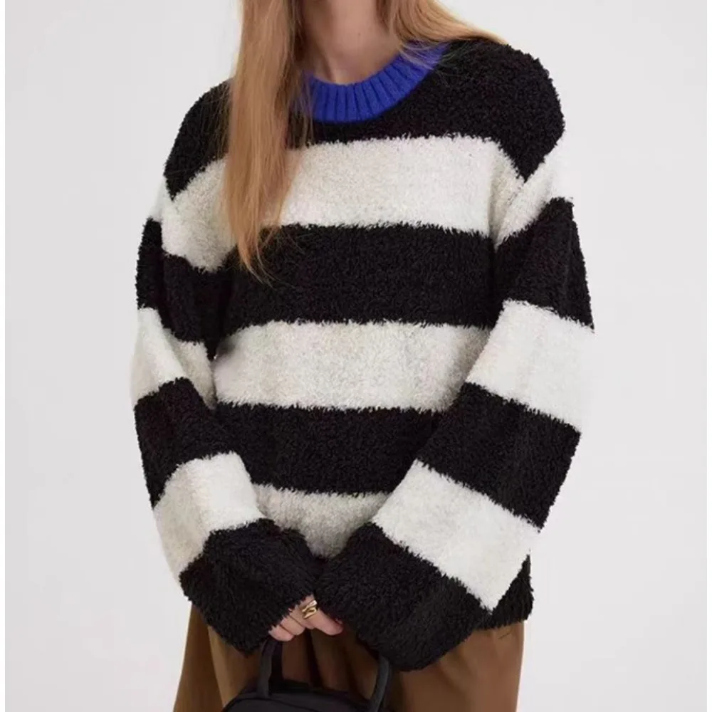 Черно-белый пуловер Freeacy для женщин 2024 осенне-зимняя мода круглый вырез длинные