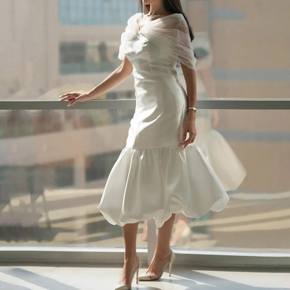 

White Satin Evening Dresses for Ladies Ruffles Mermaid Birthday Party Dress for Girls Miidi Length V-Neck formal occasion gown