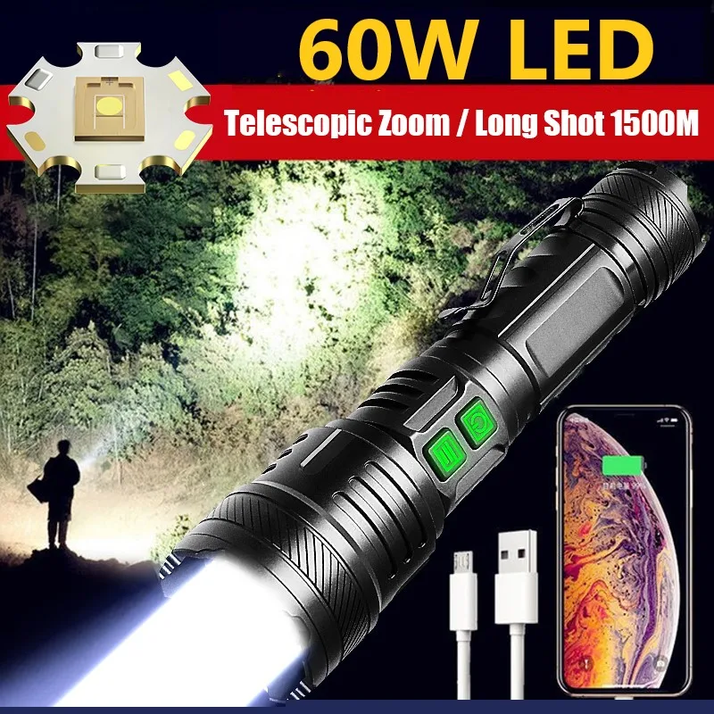 

60W LED Flashlight Rechargedable Waterproof Handlamp High Power Long Shot Lantern Super Bright Zoom Tactical Torch Outdoor Lamp