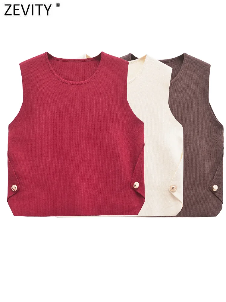 Zevity Новый женский модный вязаный жилет без рукавов с круглым вырезом и боковыми