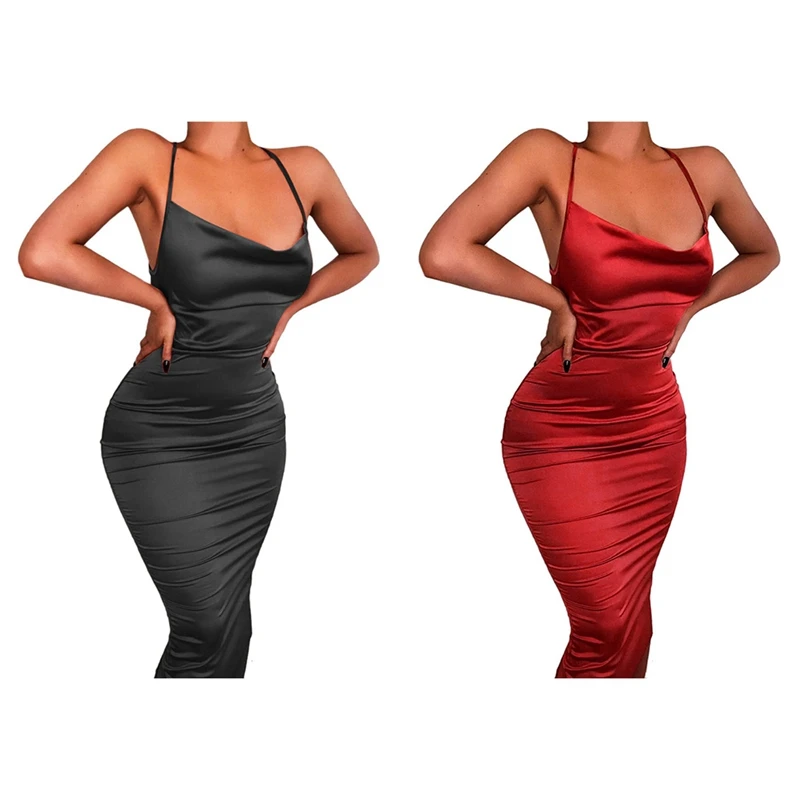 

2X Women Neon Satin Lace Up Sleeveless Backless Long Dress M Size Black & Red
