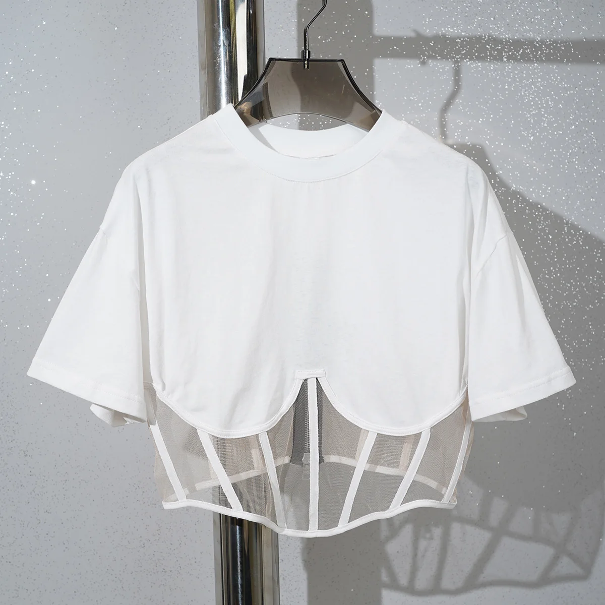

2023 woman tops pure cotton patchwork corset see through sexy women's t-shirt y2k clothes new fashion herringbone top shirt