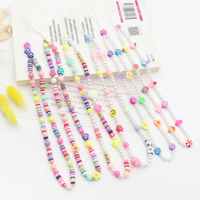 

Simple Flower Clay Beaded Phone Chain Lanyard New Jewelry for Women Fruit Letter Charm Cellphone Case Cord Telephone Accessories