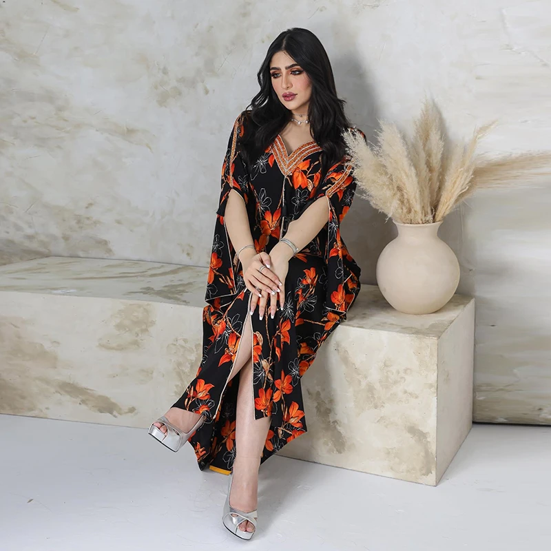 Ramadan Eid Diamond Beading Tassel Floral Printed Abaya Dubai For Muslim Women 2022 Middle East Arab Abaya Femme Islamic Clothes
