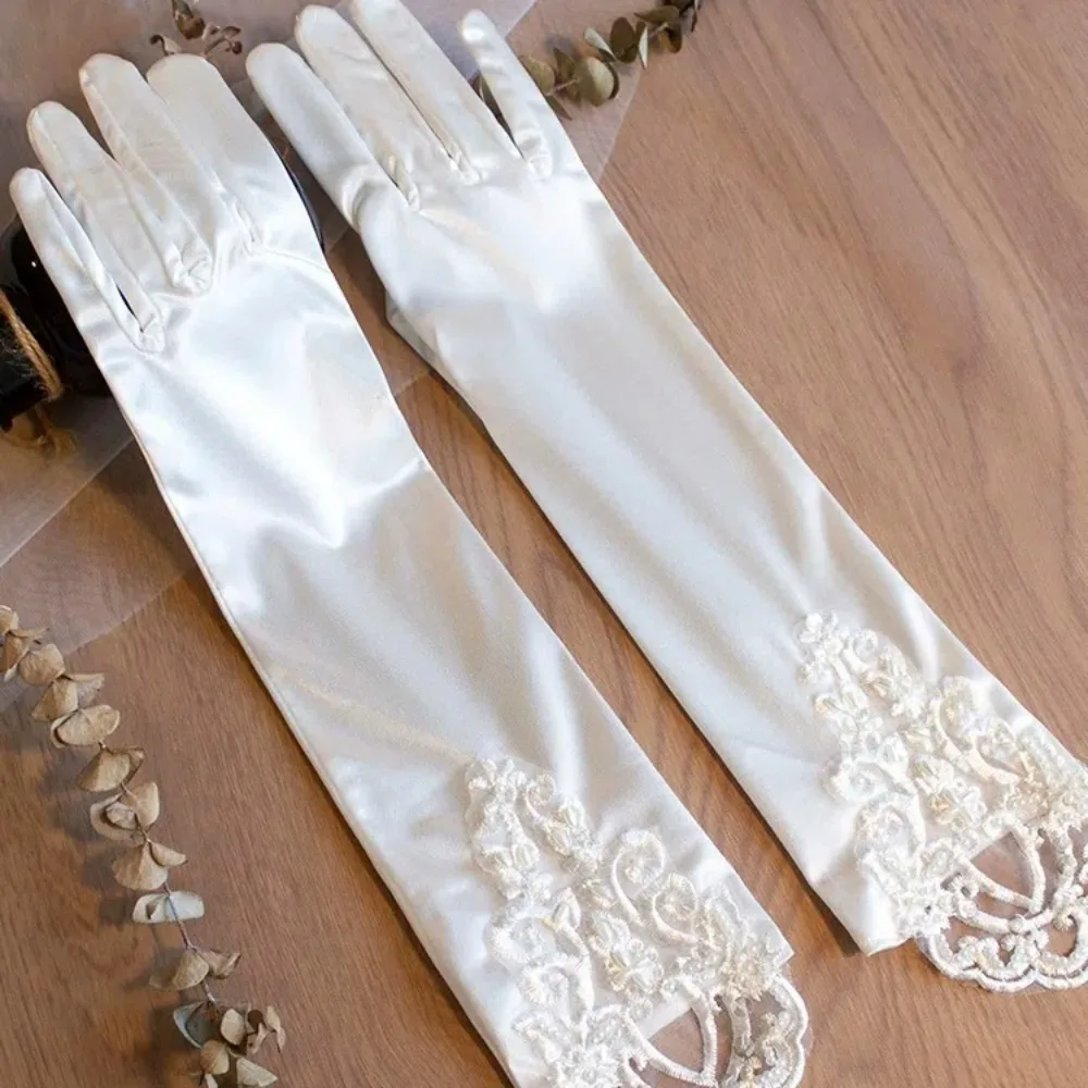 Свадебный аксессуар кружевные атласные перчатки для невесты белые свадебные