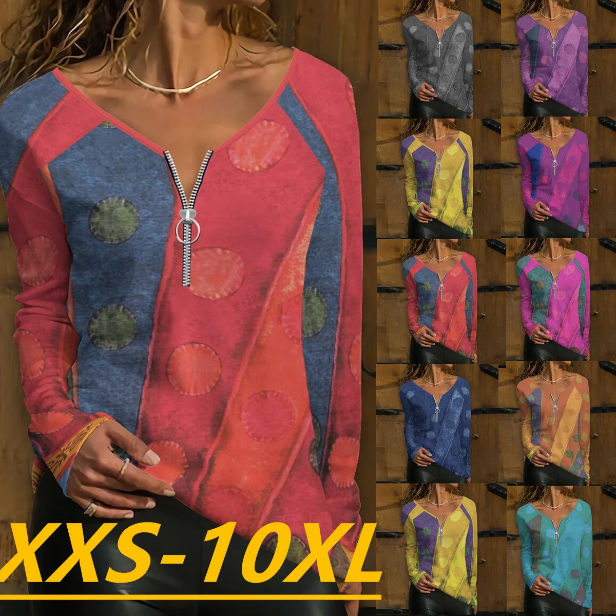 

Autumn/Winter 2022 Fashion Women's Geometric Color Contrast Printing Long Sleeve Zipper V-Neck Casual Plus Size Top XXS-10XL
