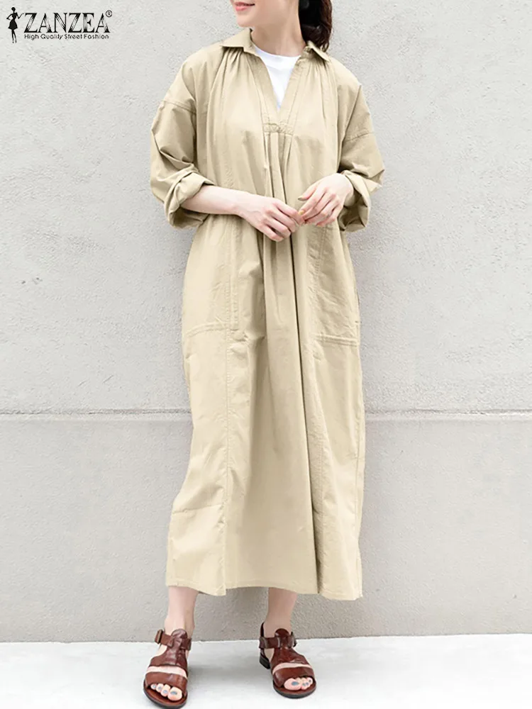 

Платье ZANZEA женское повседневное с длинным рукавом, модное офисное однотонное хлопковое винтажное праздничное мешковатое, миди-платье, осен...