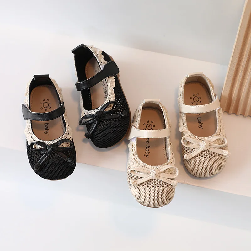 

Korean Style Children 2022 Spring New Bow Mary Janes Hook & Loop Princess Cute Hollow Casual Flat Beach Shoes for Kids Girls
