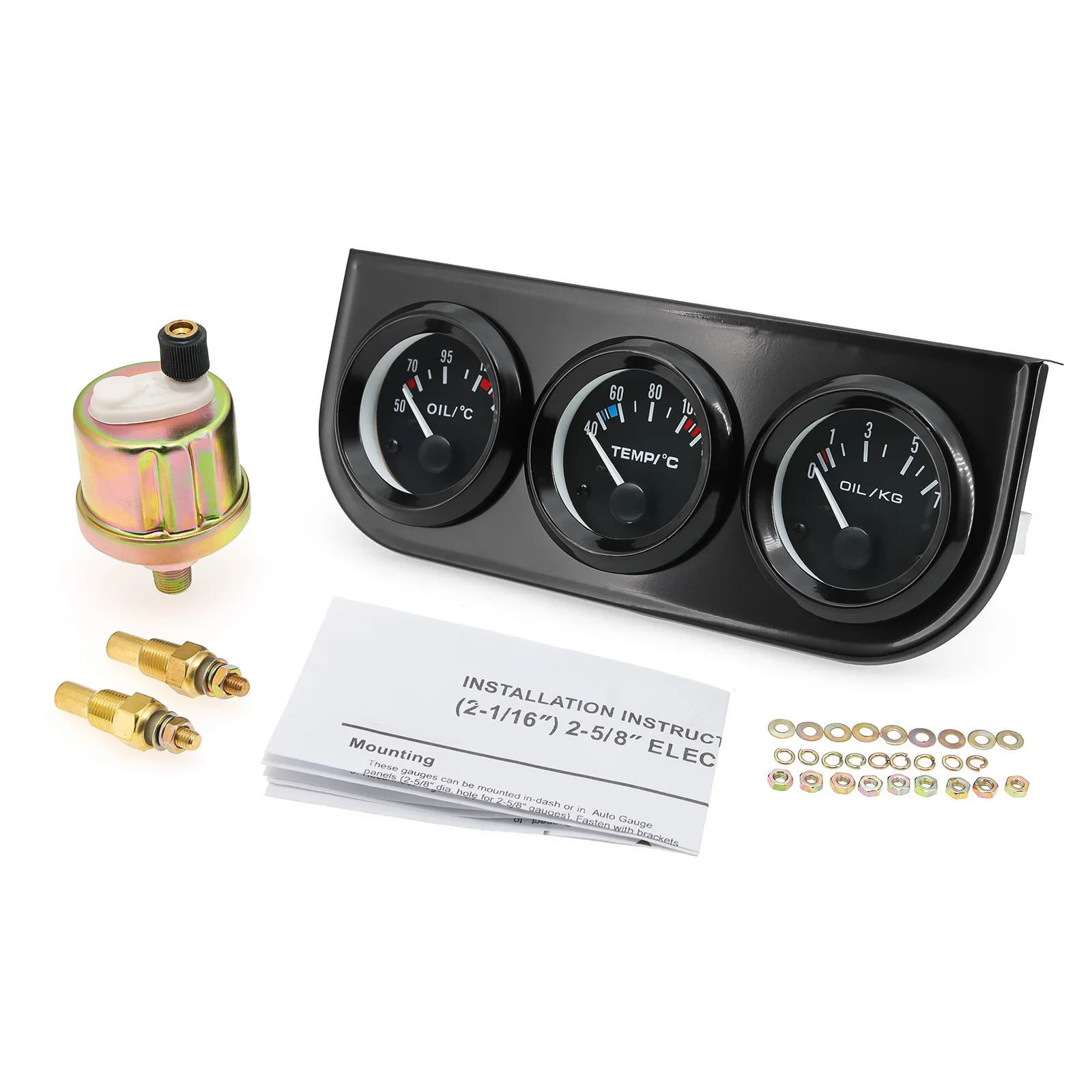 

Тройной комплект 52 мм 3 в 1, вольтметр, температура воды (цельсия), давление масла, черный/хромированный безель с датчиком температуры и датчика давления, комплект 3-в-1