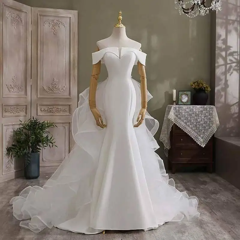 

Verngo Off the Shoulder Mermaid Soft Satin Wedding Dresses With Detachable Train Ruffles Organza Lace Up Back Bridal Gowns