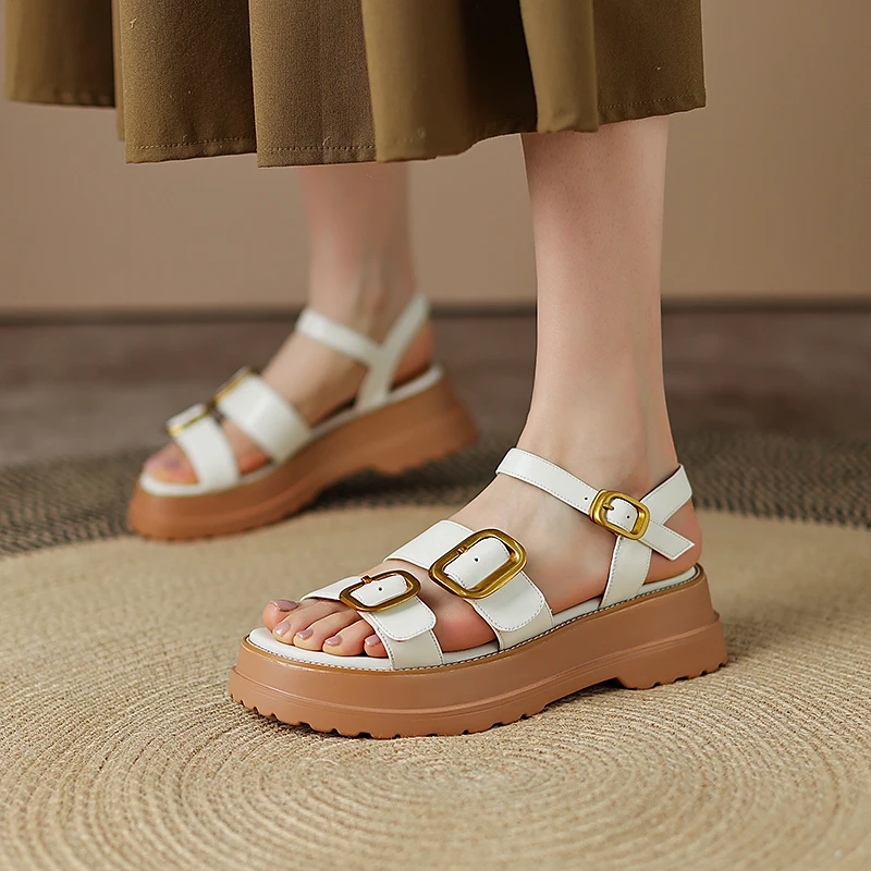 

2022 summer women Sandals natural leather 22-24.5cm cowhide upper full leather Multi-buckle back straps sandal platform classic