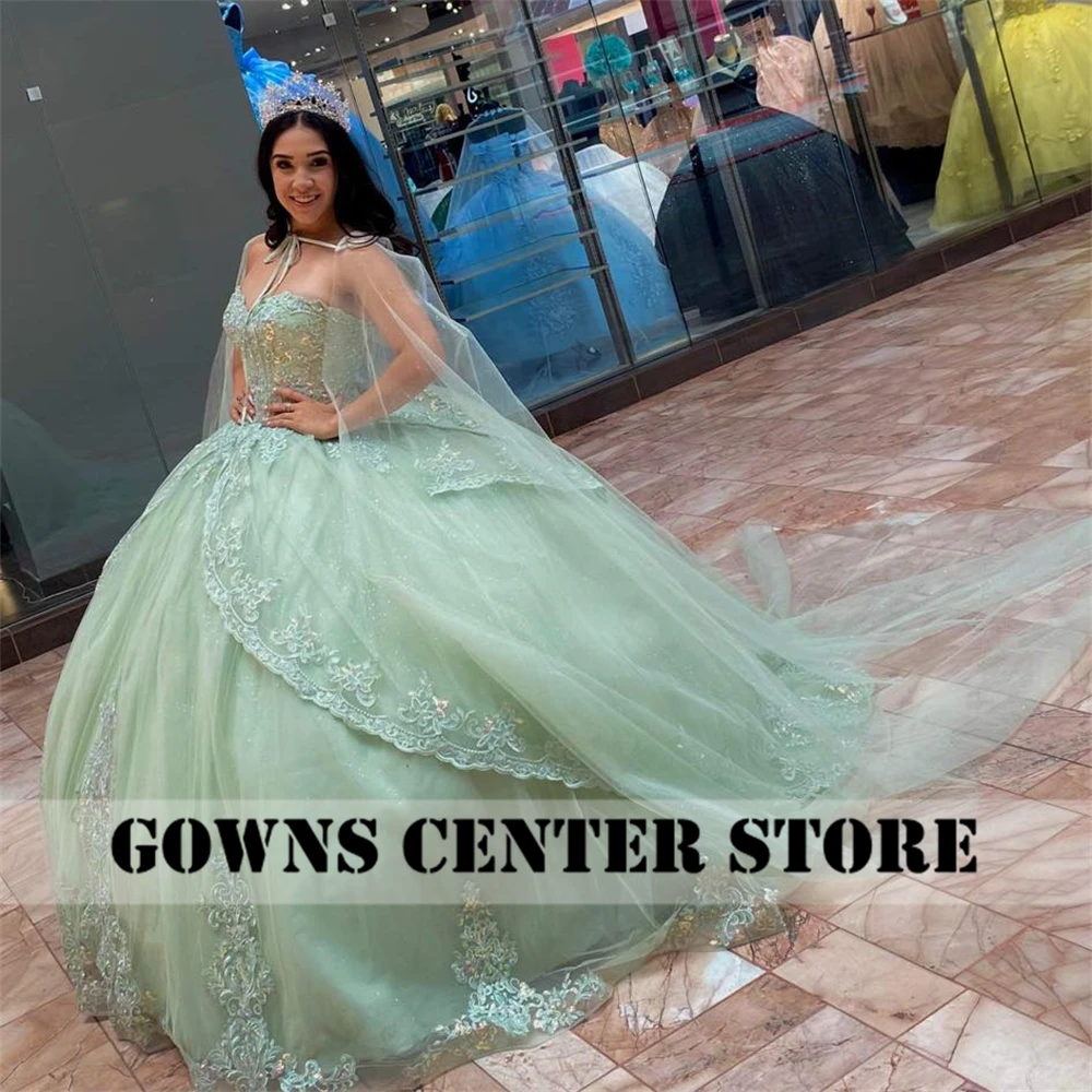 Женское зеленое платье Quinceanera 2024 с бантом вечерние платья блестящей аппликацией