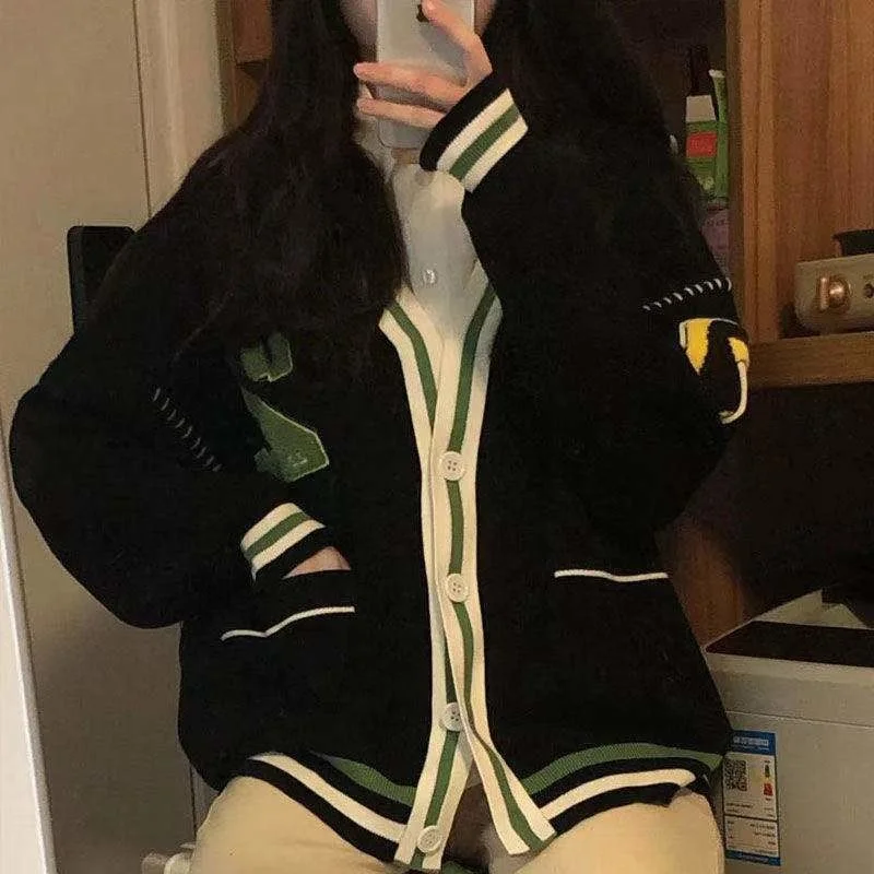 

Deeptown Korean Style Letter Printing Black Oversize Sweater Cardigan Women Harajuku Streetwear Long Sleeve Jumper Female Tops