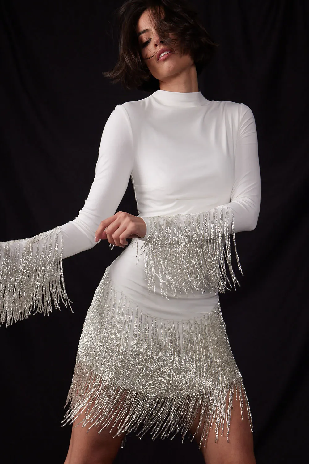 Women Fashion Tassels Mini Evening Dress High Collar Long Sleeve Patchwork Party Dress Sexy Slim Waist Nightclub Dresses