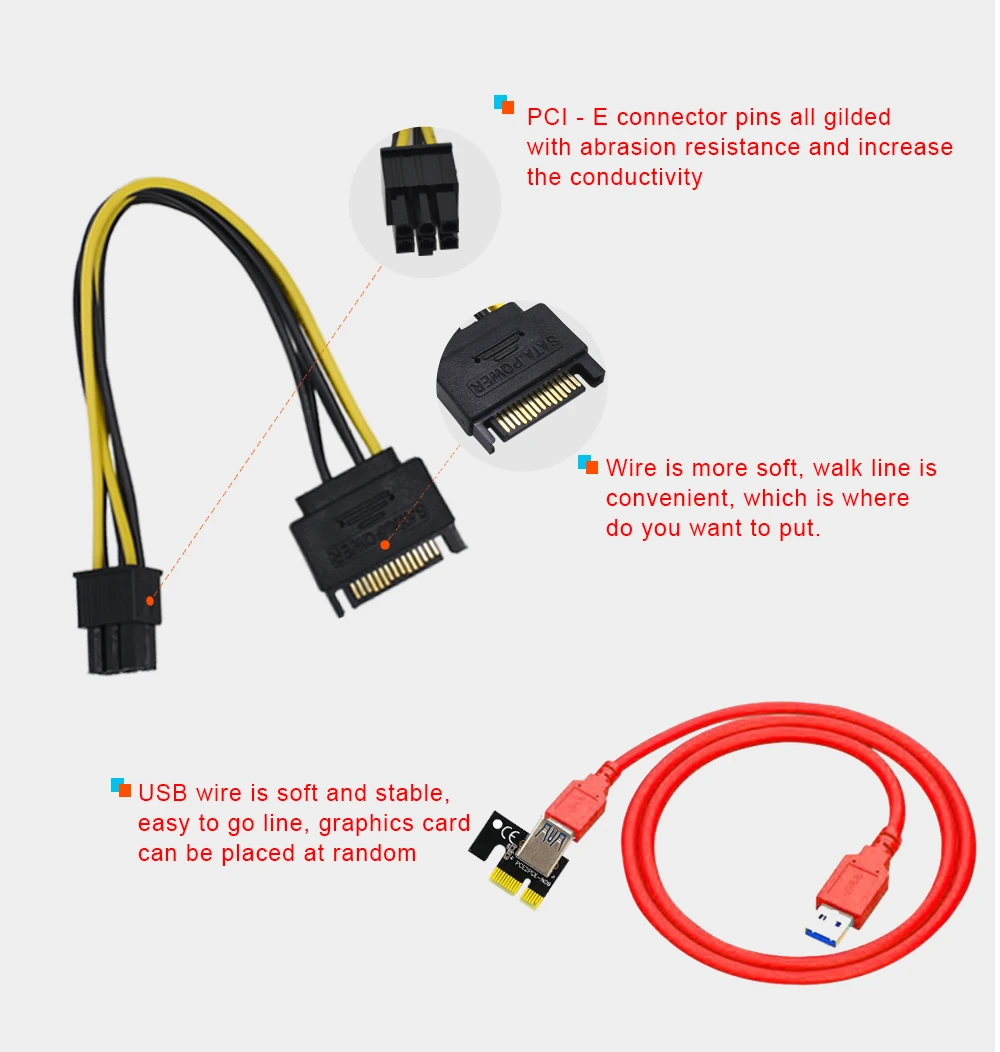New Riser 016 VER016 PCI-E PCIE PCI E Express Card Temperature Voltage GPU 1X X16 6pin USB Mining For Video |